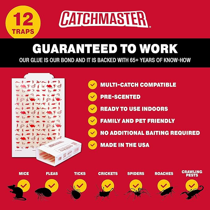 Catchmaster Pro Series Multi-Catch Mouse Trap 12-Pack Refill, Humane Mouse Traps Indoor for Home, Includes Replaceable Glue Boards, Pet Safe Pest Control, Live Catch for Garage & Shed