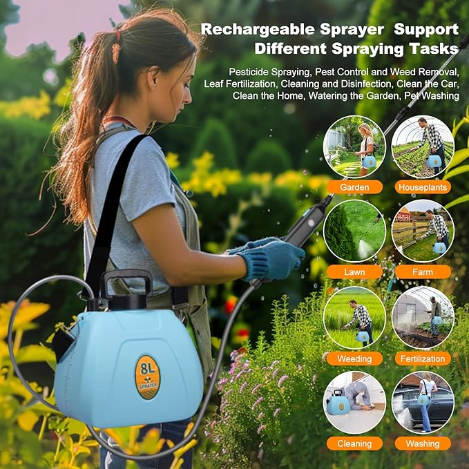 Battery Backpack Sprayer 2.1 Gallon, Rechargeable Sprayer with 3 Adjustable Nozzles, 1.5-3H Runtime, Adjustable Wand Leak-Proof & Chemical-Resistant Tank for Lawn, Garden & Farm Use (Blue)