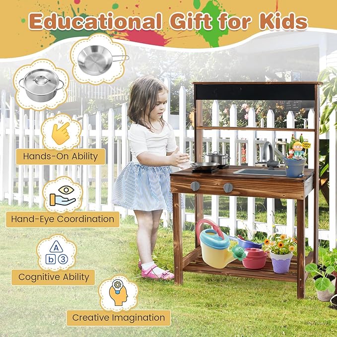 HONEY JOY Mud Kitchen, Fir Wood Outdoor Play Kitchen for Toddlers, Realistic Faucet & Garden Sink, Stoves, Chalkboard, Storage Shelf, Outdoor Kitchen Playset, Mud Kitchen for Kids Outdoor Backyard