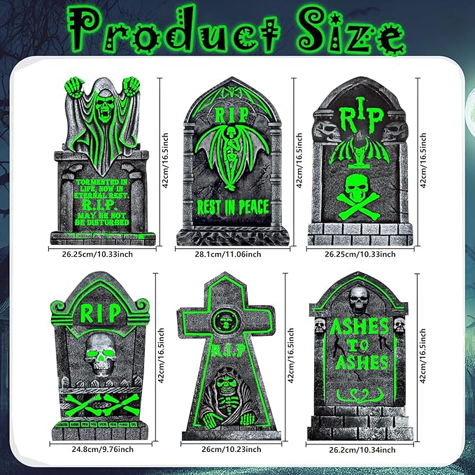 6 Pack Glowing in The Dark Halloween Tombstones Decoration for Graves, 16.5"x10" Large Outdoor Graveyard Decor Waterproof Plastic Grave Markers with 12 Stakes for Yard, Lawn Cemetery Displays