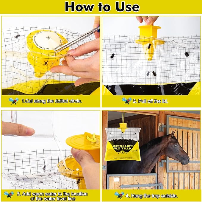 Glovv Fly Traps Outdoor Hanging with Fly Bait, 4 Pack Disposable Bags Hunter Ranch Trap, Flies Control Bug Catcher Killer Repellent for Stable Horse Barn & Farm