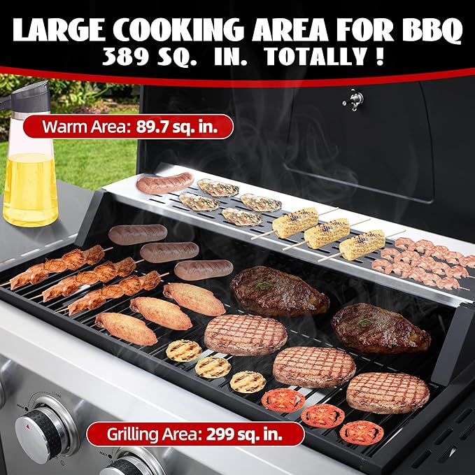 4-Burner Propane Gas Grill with 2 Foldable Side Tables, 34,200 BTU Outdoor BBQ Grill with Porcelain-Enameled Flame Tamers, Built-in Thermometer, Easy Assembly for Patio, Backyard BBQ