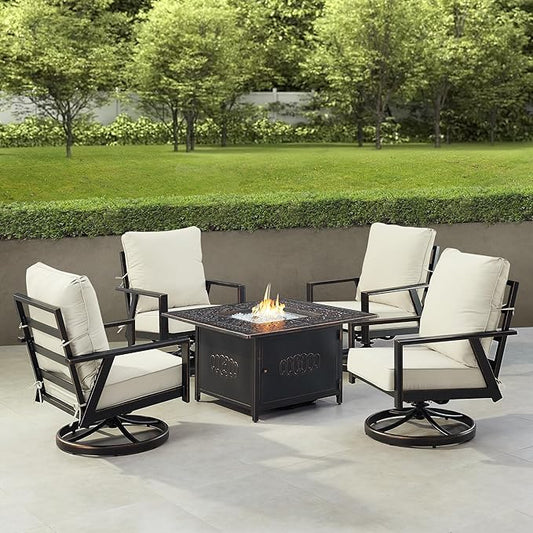 Oakland Living Black Aluminum Patio Fire Table Set with Four Club Chairs with Light Grey Cushions