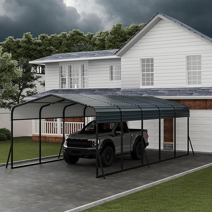 12' X 24' X 8.5' Heavy Duty Metal Carport with Galvanized Roof, Weatherproof Car Garage Shelter, All-Weather Permanent Cover for Cars/Trucks/Boats/Tractors