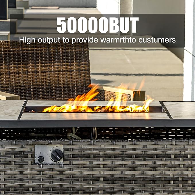 47" Propane Fire Pit Table with Real Ceramic Tabletop & Ratten Side Panel, 50000 BTU Gas Firepit Table with Lid & Glass Rock, Outdoor Fire Pit for Dining or Party, Firepit for Outside, Patio