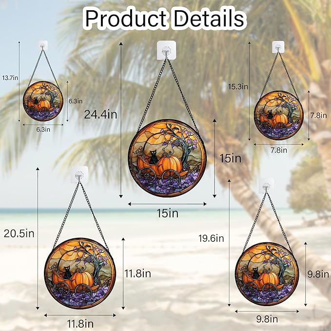 Stained Glass Window Hanging - Halloween Pumpkin Carriage Black Cat Suncatcher for Doors Window Garden Spooky Sun Catchers Gothic Decor Horror Gifts for Women Men Friend Boy Girl 7.8 in