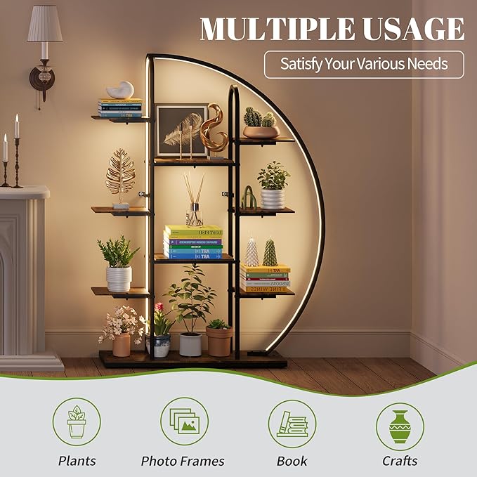 Big Plant Stand Indoor with Grow Lights and LED Light, 61”Tall Metal Plant Shelf Flower Stand for Multiple Plants, 9 Tier Moon-Shaped Plant Rack Large Display Plant Holder for Living Room Balcony