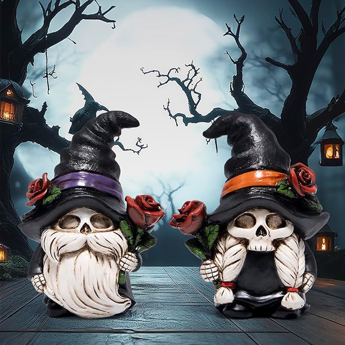 Hodao Halloween Gnomes Decorations Indoor, Resin Halloween Skull Head Handmade Figurines with Witch Hat & Rose Decor for Gift Home Bedroom Party Office Table - 2 Pcs, Black Hats