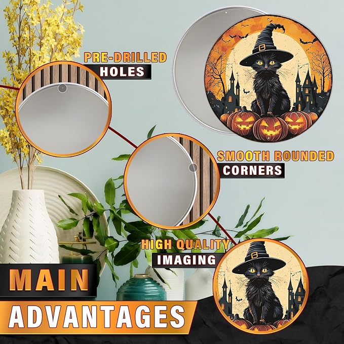 PEACHGARDEN Round Black Cat With Bats On Pumpkin Vintage Sign Halloween Metal Tin Sign for Home Bar Kitchen Hotel Dining Room Coffee 8x8inch