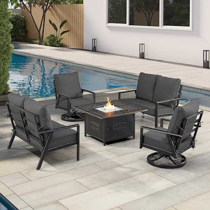 Oakland Living Black Aluminum Patio Fire Table Set with Two Deep Seating Loveseat with Cushions and Two Club Chairs with Black Cushions