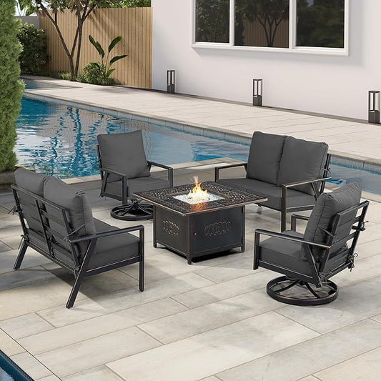 Oakland Living Black Aluminum Patio Fire Table Set with Two Deep Seating Loveseat with Cushions and Two Club Chairs with Black Cushions