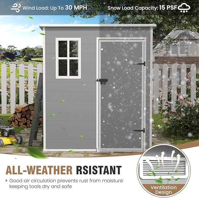 Outdoor Storage Shed, 6x6 FT Resin Shed with Floor and Lockable Door, Window & Vents, Tool Sheds & Outdoor Storage for Bike, Tools, Garden Accessories, Waterproof Grey White