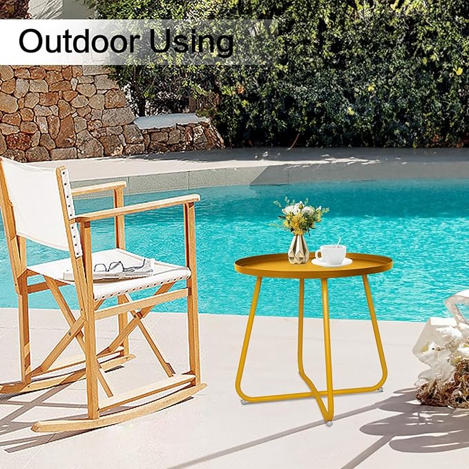 Babion Gold Outdoor Side Tables, Small Outdoor Table, Round Patio Side Table Steel, Small Accent End Table for Patio Yard Garden, Indoor & Outdoor