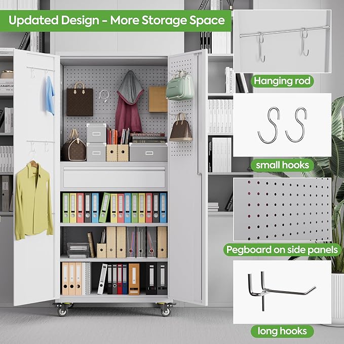 71" H Metal Garage Storage Cabinet with Wheels and Doors,Rolling Tool Cabinet with Pegboard,Rod and Drawer for Garage Warehouse Home,Required Assembly,Grey and White