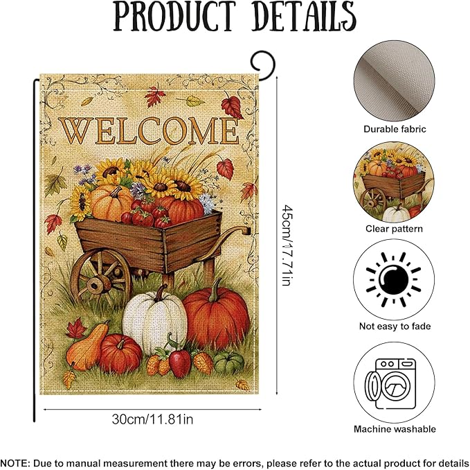 Fall Garden Flag 12 x 18 Inch Double Sided Welcome Pumpkin Sunflower Maple Leaves Farm Designs Autumn Burlap Yard Flag for Outside Rustic Yard Outdoor Holiday Home Decoration