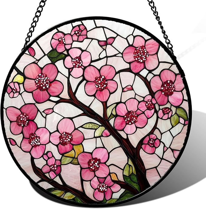 Stained Glass Window Hanging - Cherry Blossoms Birth Flower Suncatcher for Door Garden Patio Sun Catchers Decor Christmas Mother's Day Birthday Gifts for Women Mom Nana Friend Wife 11.8 in