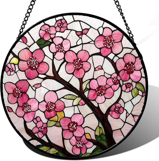 Stained Glass Window Hanging - Cherry Blossoms Birth Flower Suncatcher for Door Garden Patio Sun Catchers Decor Christmas Mother's Day Birthday Gifts for Women Mom Nana Friend Wife 15 in