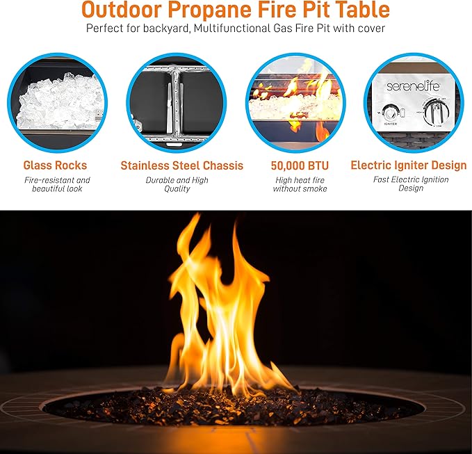 SereneLife Outdoor Propane Fire Pit Table - Approved Safe 50,000BTU Auto-Ignition Propane Gas Fire Table - Rattan Panel, Glass Wind Guard, Black Tempered Glass Tabletop, Clear Glass Rock - SLFPTL