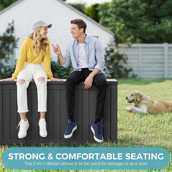 151 Gallon Outdoor Storage Box,Resin Large Sturdy Deck Box, Backyard Outside Storage Box Waterproof with Double Wall Panels,Package Delivery Garden Outdoor Hose Storage Bin,Black