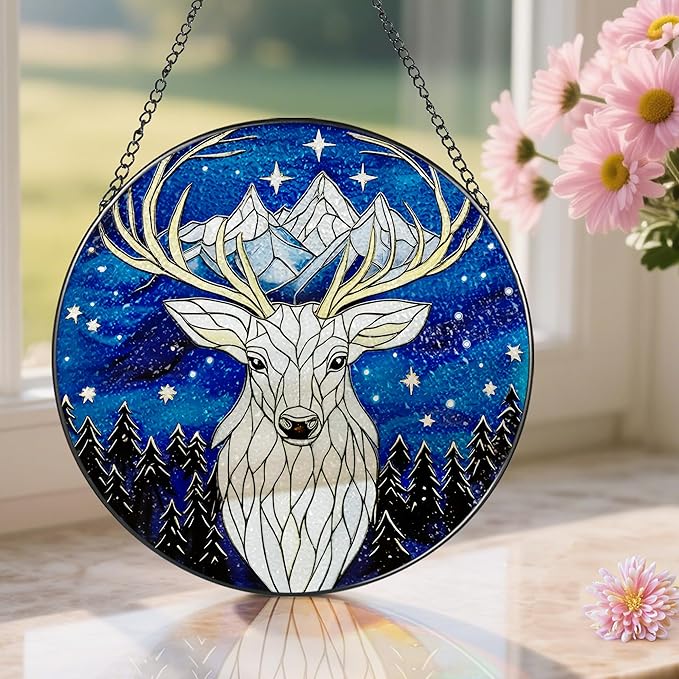 Stained Glass Window Hanging, Pauyadu 8 Inch Night Court Stained Glass Suncatcher, Sun Catchers Indoor Window, Home Decor for Windows, Nature Lover Gifts, Gifts for Women, Mom, Friend, Lover