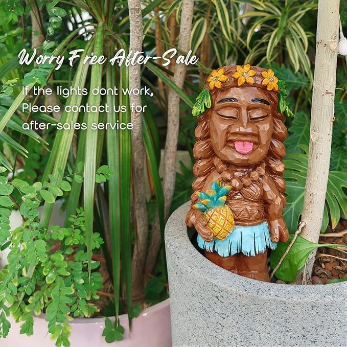 Solar Tiki Girl Garden Statue Tiki Lady Holding Pineapple Figurine with Flower LED Lights Bar Patio Porch Yard Art Outdoor Fall Decoration Halloween Birthday Christmas Gardening Gift for Mom Women