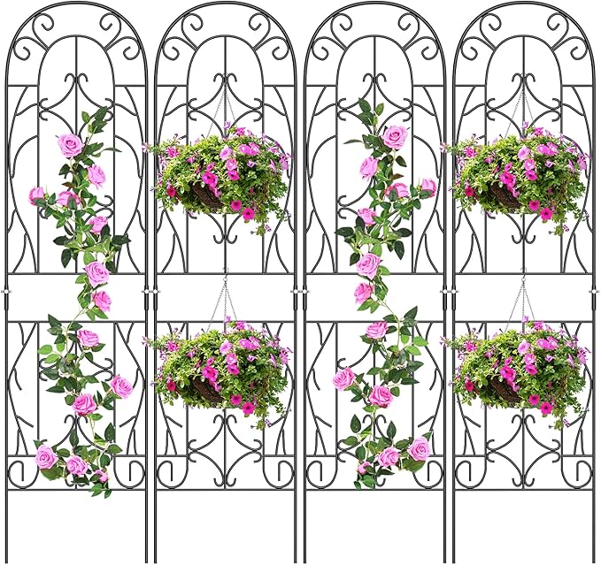 SUNYRISY 4Pack Metal Garden Trellis for Climbing Plants Outdoor, Metal Plant Trellis for Flowers Tomato Cucumber Rose Vegetable Support Garden Decoration, Black