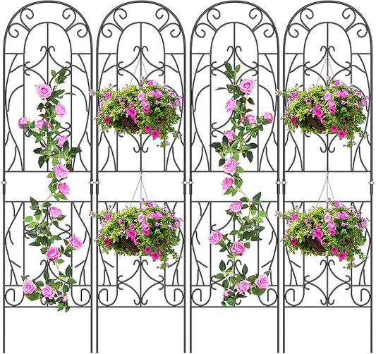 SUNYRISY 4Pack Metal Garden Trellis for Climbing Plants Outdoor, Metal Plant Trellis for Flowers Tomato Cucumber Rose Vegetable Support Garden Decoration, Black