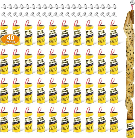 40 Pack Fruit Fly Traps for Indoors, Fly Traps Outdoor, gnat Traps for House Indoor, Fly Strips Tape Killer Catcher Paper Ribbon, Flying Insect Trap for Bug, Gnat, Insect, Mosquito