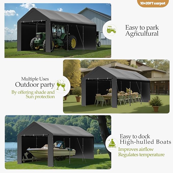 GOJOOASIS 10x20 Carport Heavy Duty Portable Garage Shelter Metal Car Canopy Tent with UV-Resistant & Weatherproof Top Cover for RV & Vehicles (Black, 10x20 with sidewalls)