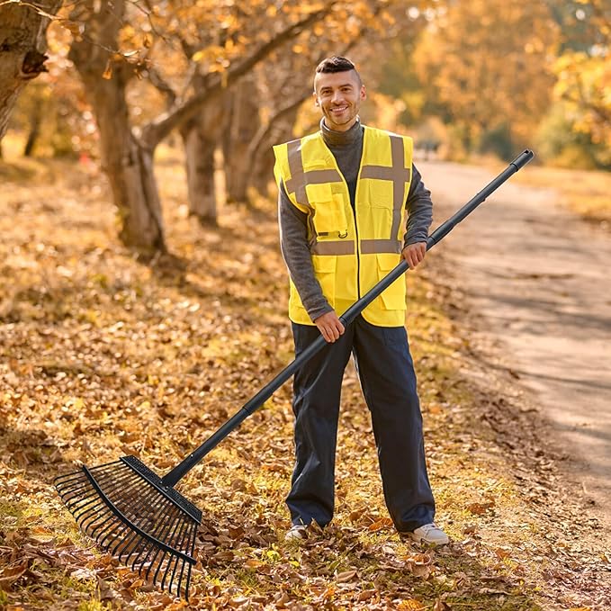 Rake for Leaves, 25 Metal Tines Wide Leaf Rake, 60'' Leaf Rakes for Lawns with Adjustable Steel Handle for Camping Flower Beds Mulch Shrub, Black