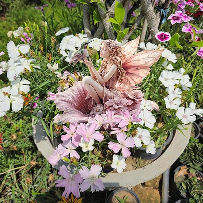 Fairy Garden Stake Decor, 2D Flat Acrylic Fairy Garden Decor Panel, Elf Yard Sign for Outdoor Indoor Yard Lawn Plants Pots, Fairy Garden Accessories (Flowers Fairy and Hummingbird)