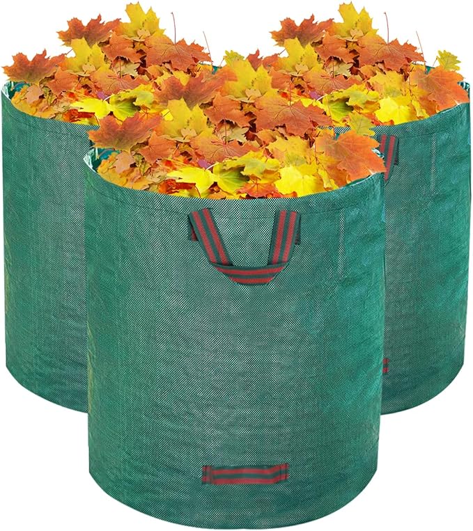 Hugeleaf Reusable Leaf Bags 42 Gallon with Reinforced Handles, 3 Pack Collapsible Lawn Bags with Plastic Hoops, Stand Up Yard Waste Bin for Leaves, Lawn Debris Collection
