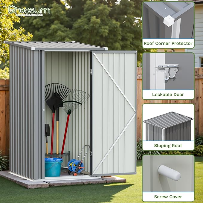 Greesum 3×3FT Outdoor Storage Shed, Metal Patio Storaged Sheds with Lockable Doors, Sheds & Outdoor Storage for Backyard, Pool and Garden, Gray