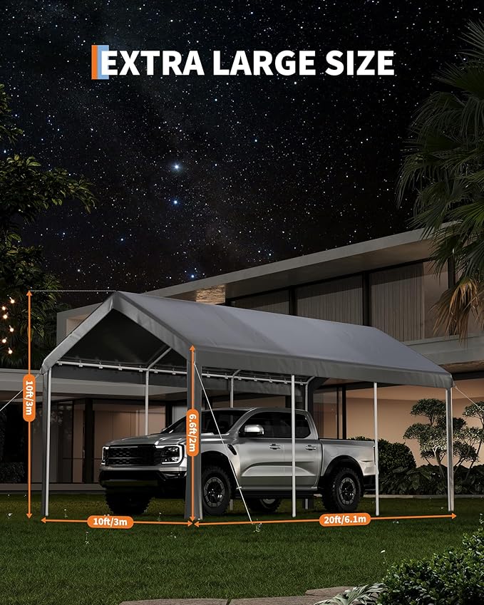 10x20ft Metal Carport Garage with PE Fabric and Galvanized Steel Frame Leg Wrap Carport for Outdoor Shelter for Cars, Trucks and Boats - Gray