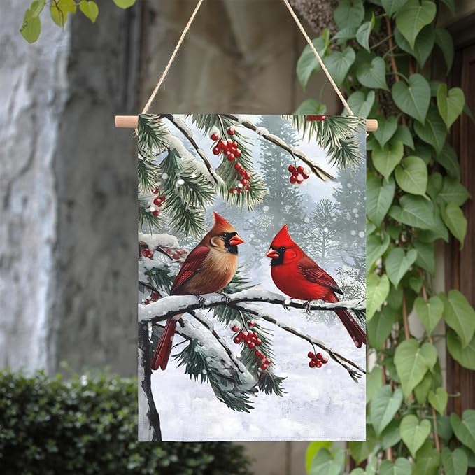 Winter Cardinal Bird Garden Flag Red Bird Pine Twigs Yard Flag Double Sided Polyester Holly Berry Snow Seasonal House Banner for Outdoor Farmhouse Christma Holiday Decor 28 x 40 Inch
