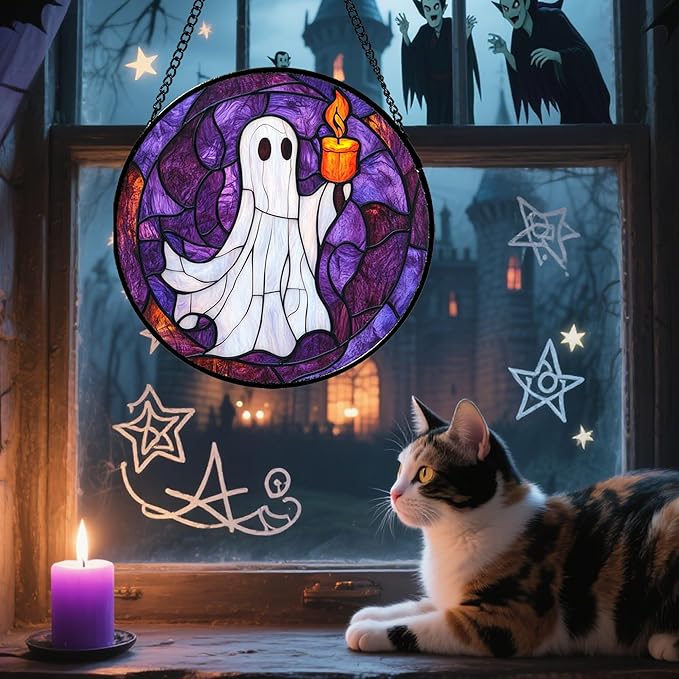 Stained Glass Window Hanging - Halloween Decorations Ghost Suncatcher for Doors Garden Indoor Spooky Funny Purple Sun Catchers Gothic Decor Horror Gifts for Women Men Friend 9.8 in