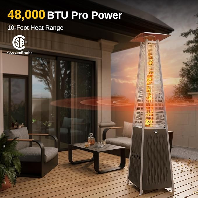 EAST OAK Pyramid Patio Heater, 48,000 BTU Outdoor Patio Heater, Quartz Glass Tube Propane Heater, Triple Protection System, With Wheels, Outdoor Heater for Commercial & Residential, Brown