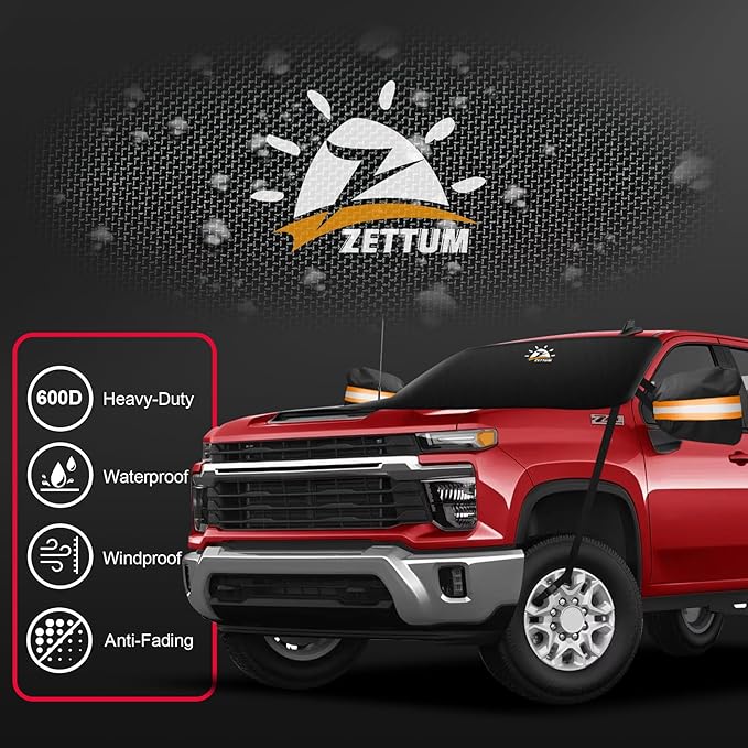 Zettum Car Windshield with Tow Mirror Cover - 600D Windshield Cover for Ice and Snow Windproof & Heavy Duty, Winter Frost Hail Protector for Pickup, Truck, SUV, Van and MPV with Large Mirror Models