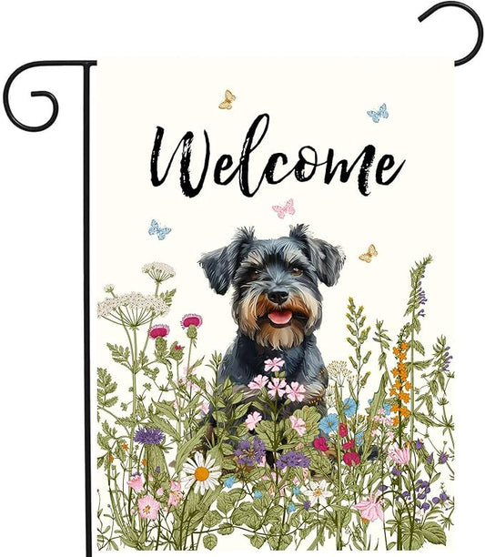 Spring Summer Garden Flag Floral Schnauzer Yard Flag Flower Dog Garden Flags for Outside Small Outdoor Welcome Flags 12x18 Double Sided