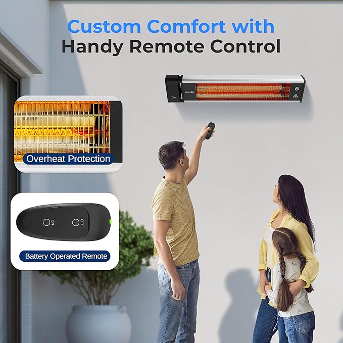 SereneLife Infrared Patio Heater, Wall-Mounted Electric Heater with Remote, 1500W, IP65 Approved, Odorless, Indoor/Outdoor for Patio, Restaurant, Backyard, Garage, Decks