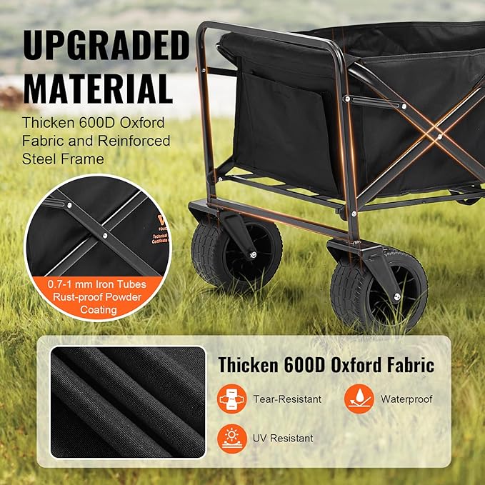VEVOR 350lbs Collapsible Foldable Wagon Cart, Heavy Duty Foldable Utility Beach Wagon with Big Wheels, Portable Grocery Camping Cart with All Terrain Wheels and Drink Holder
