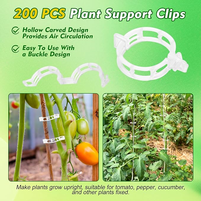 Coitak 20PCS Tomato Roller Hooks with 200PCS Tomato Support Clips, Plant Climbing Hook with 50ft String for Tomato Flower Vine Crop Trellis Kit