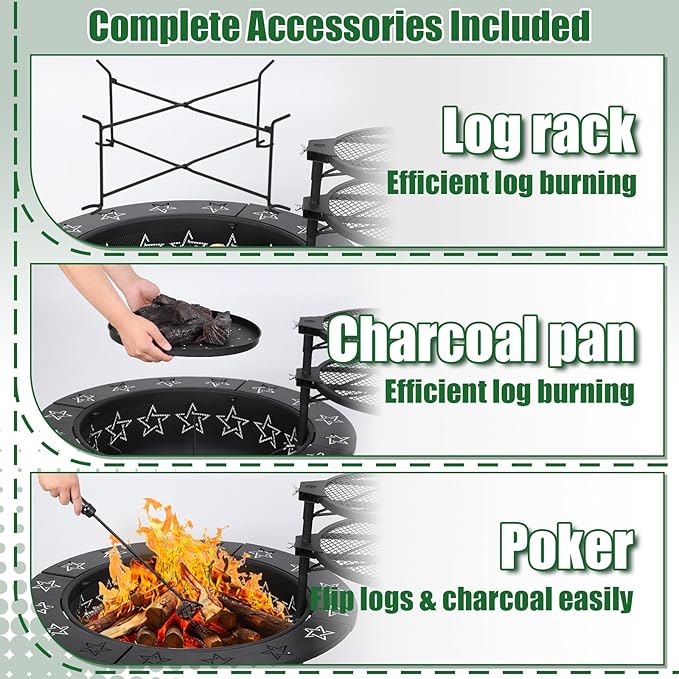 32.5" 3-in-1 Fire Pit Table with Dual Grills – Wood Burning Firepit for Outside Cooking, BBQ Grate & Round Patio Table – Includes Charcoal Pan, Log Rack,Poker & Lid for Backyard, Garden
