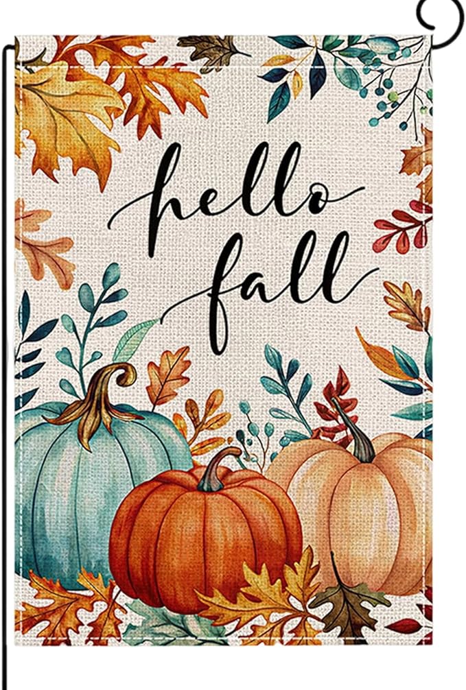 Fall Garden Flag 12 x 18 Inch Double Sided Pumpkin Maple Leaves Designs Autumn Burlap Yard Flag for Outside Rustic Yard Outdoor Holiday Home Decoration