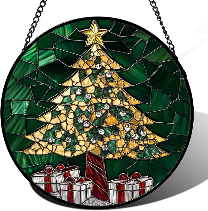 Stained Glass Window Hanging -Gold Green Christmas Tree Suncatcher for Doors Home Christmas Decoration Winter Sun Catcher Thanksgiving New Year Birthday Gifts for Women Men Mom Nana 15 in