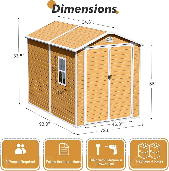 Plastic Sheds 8x6 Resin Outdoor Storage with Floor Included, Waterproof Lockable Garden Shed Tool Cabinet Brown