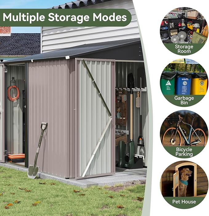 Aoxun 7x5 FT Lean to Shed Garden Metal Storage Shed with Lockable Doors Outdoor Bike Shed for Backyard, Patio, Poolside (Brown)