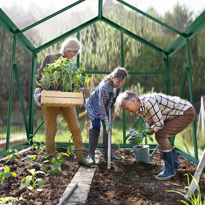 VINGLI Greenhouse, 6x10 FT Heavy Duty Polycarbonate Greenhouse with 5 Roof Vents, Aluminum Frame, Sliding Doors, Green