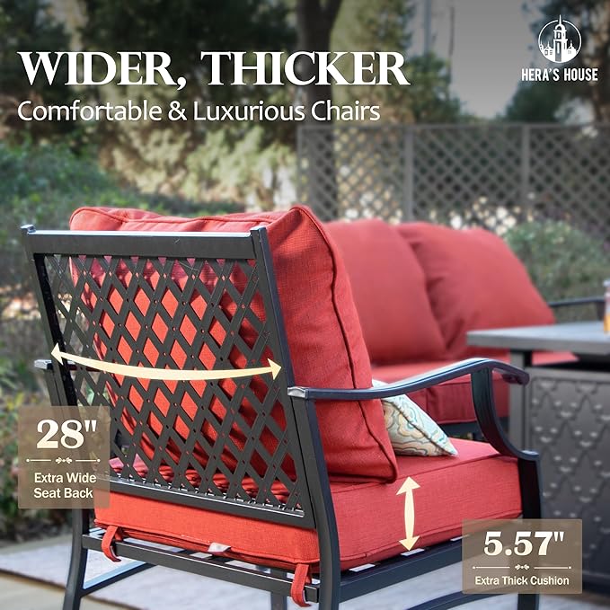 HERA'S HOUSE 5 Pieces Patio Furniture Set, 2 x Rocking Chair, 2 x Ottoman, 1 x 3-Seat Sofa, All Cushioned 7 Seats Metal Outdoor Conversation Set for Lawn Garden Backyard