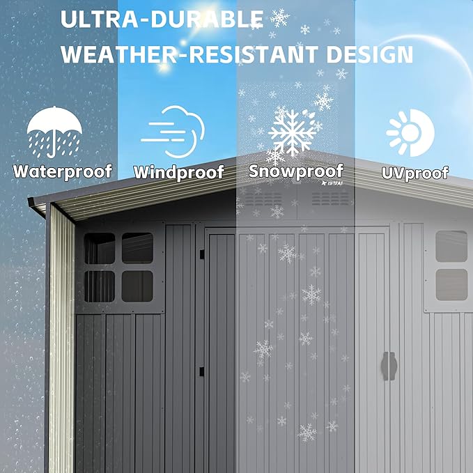 Modern 6×6 FT Metal Outdoor Storage Shed with Windows, Stylish Lockable Waterproof Garden Tool Shed, Contemporary Storage Shed for Lawn Mower & Backyard Patio, Dark Gray (No Floor)